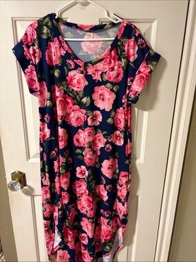Girls Little Loper’s Navy Floral Short-Sleeve Dress with Pink Roses Sz XL